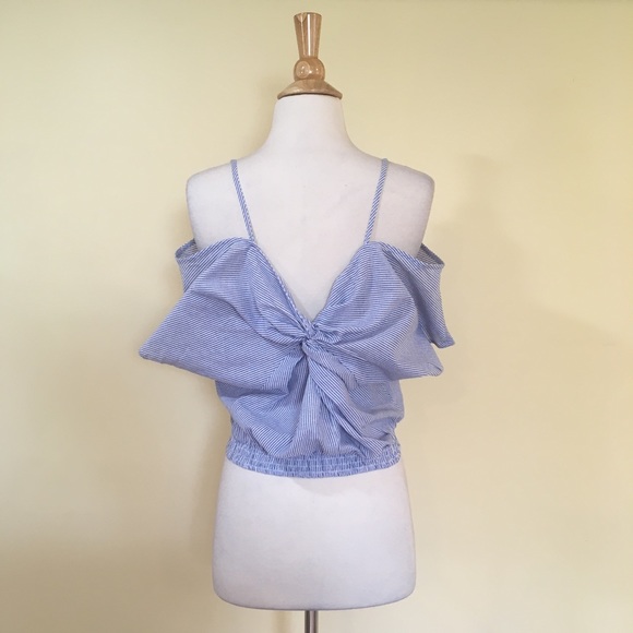 Twisted Knot Front Striped Off Shoulder Cropped Top - Picture 5 of 8